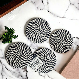Black and white braided rope coasters set of 4 handmade home decor
Monochrome braided rope coasters gift set black white home accessories
Black white braided coasters set 4 piece modern home decor