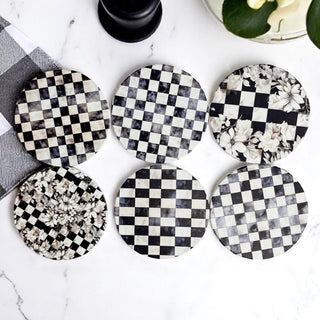 Wholesale Courtly check ceramic coasters set of 6 black white checkered pattern floral design cork backing luxury home decorpremium quality ceramic coasters courtly check gingham black white checkered floral pattern cork backing