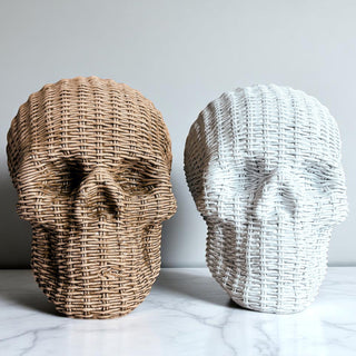 handcrafted resin skull decor rattan basketweave style neutral brown white halloween fall table accent wicker texture