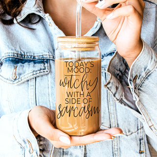 Wholesale 20oz witch themed glass tumbler set with glass straws
Halloween witch aesthetic glass tumbler with bamboo lid