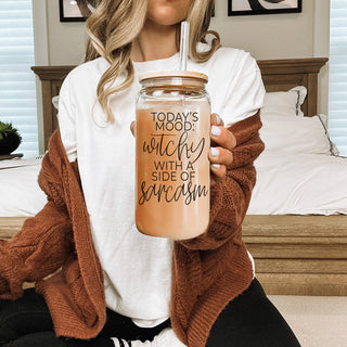 Modern witch aesthetic drink tumbler set
Witchy vibes glass tumbler with sarcastic quote
Halloween mood glass tumbler with bamboo top