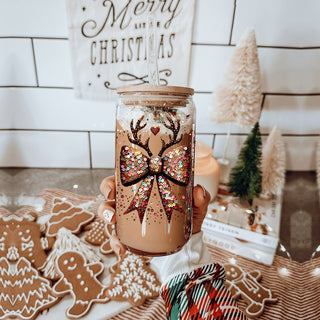 Holiday glass tumbler 17oz - Christmas glitter bow reindeer coffee cup bamboo lid - Sequin festive drinkware with straw
Cyber Monday holiday gifts sparkly glass cup 17oz - Christmas glitter reindeer bow coffee tumbler bamboo lid