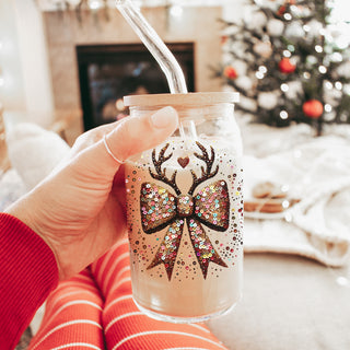 17oz glamorous holiday glass tumbler eco-friendly - Christmas glitter bow reindeer coffee cup bamboo lid - Sequin kitchen decor