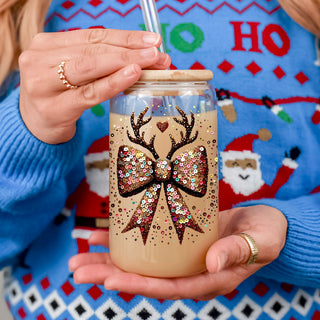 Trendy Bulk Christmas gifts glitter glass tumbler 17oz - Holiday sequin bow reindeer drinkware bamboo lid
Instagram worthy Christmas glass cup 17oz - Sparkly glitter sequin reindeer bow holiday tumbler bamboo lid straw