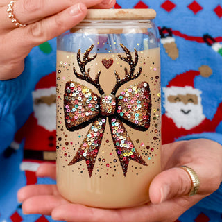 Wholesale Christmas glass cup 17oz with bamboo lid - Glitter sequin bow reindeer antlers tumbler with glass straw - Holiday drinkware gift
Black Friday Christmas gifts glitter sequin glass tumbler 17oz - Holiday reindeer bow drinkware bamboo lid straw