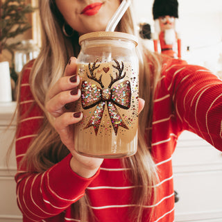 Glitter sequin Christmas bow tumbler with reindeer antlers - festive holiday glass cup
17oz Christmas glass cup with bamboo lid and straw - glitter bow reindeer design
Holiday tumbler gift - sparkly sequin bow and reindeer antlers design glass cup
