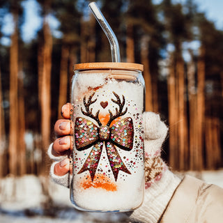 Bulk Christmas glass tumbler - Glitter bow reindeer antlers holiday coffee cup with bamboo lid straw - Festive kitchen gift
Coworker Christmas gifts sparkly glass cup 17oz - Holiday glitter bow reindeer office drinkware bamboo lid