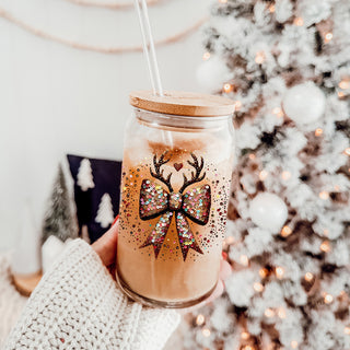 Christmas kitchen gifts glass cup 17oz - Glitter sequin reindeer bow tumbler bamboo lid glass straw - Holiday decor
Last minute Christmas gifts glitter glass tumbler 17oz - Holiday sequin bow reindeer drinkware bamboo lid straw
