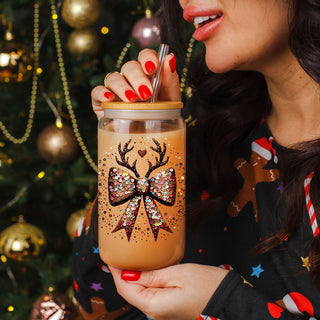 Christmas kitchen decor glass cup 17oz - Glitter sequin bow reindeer holiday tumbler with straw - Sparkly festive drinkware
17oz holiday glass tumbler - Christmas glitter bow reindeer coffee cup gifts - Sequin festive drinkware with bamboo lid