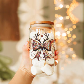 Eco-friendly Christmas tumbler - sparkly sequin bow festive holiday glass
Christmas stocking stuffer - glitter bow tumbler cup with bamboo lid and straw
Holiday drink tumbler - glass cup with glitter bow and reindeer antlers