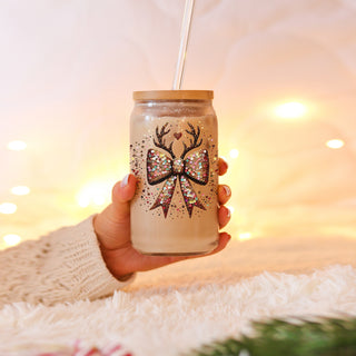 Sparkly sequin Christmas tumbler - reusable festive glass cup with straw
Unique Christmas kitchen gift - glitter bow reindeer tumbler cup