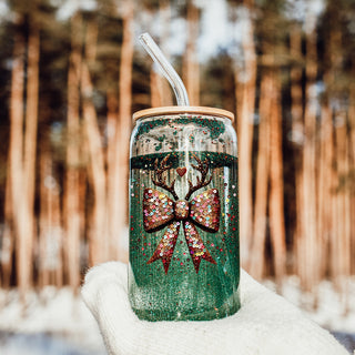 Christmas bling glass cup 17oz glass straw - Glitter sequin reindeer bow holiday tumbler bamboo lid - Sparkly festive gift