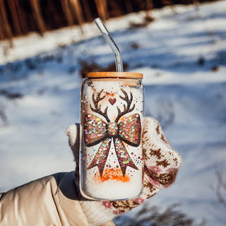 Christmas gifts under $20 glitter sequin glass tumbler 17oz - Holiday reindeer bow coffee cup bamboo lid straw
Unique Christmas gifts sparkly glass cup 17oz - Glitter sequin reindeer bow holiday drinkware bamboo lid