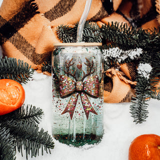 Sparkly Christmas glass tumbler 17oz bamboo lid - Glitter sequin bow reindeer holiday coffee cup glass straw - Glamorous drinkware