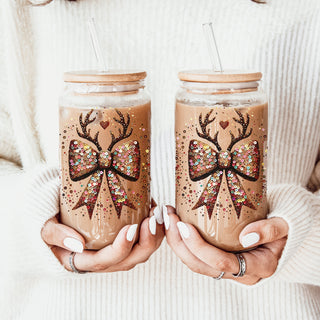 Holiday drinkware 
Christmas glitter bow reindeer tumbler bamboo lid - Festive sequin coffee gift with straw
Christmas glass drinkware - Glitter sequin reindeer antlers holiday cup with glass straw - Sparkly bow design kitchen gift