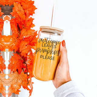 Wholesale Pumpkin spice lover glass tumbler with bamboo lid
Autumn leaves and pumpkins tumbler set