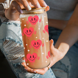 Funny wholesale glass tumblers for boss women and coworkers.
Wholesale 20oz glass cups with red smiley face candy hearts and peace sign.
Bold and empowering wholesale Valentine’s Day gifts for women.