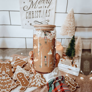 Christmas coffee gifts glass tumbler 17oz - Nutcracker ballerina pastel holiday drinkware bamboo lid - Soft kitchen accessories