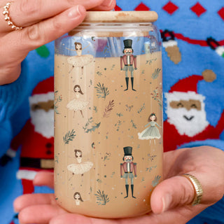 Wholesale Christmas glass cup 17oz with bamboo lid - Nutcracker ballerina pastel tumbler with glass straw - Holiday drinkware gift