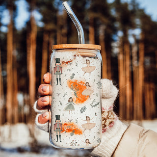 Holiday coffee gifts glass cup 17oz - Christmas nutcracker ballerina pastel kitchen accessories bamboo lid straw
Sparkly Christmas coffee tumbler – traditional Nutcracker and ballerina holiday design