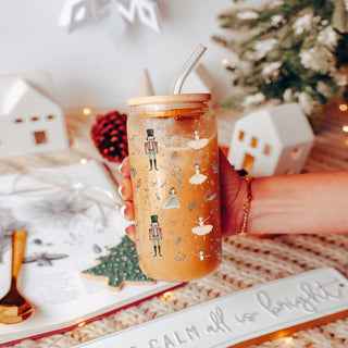 Unique Christmas glass tumbler - ballet dancer and Nutcracker pastel holiday design
Sparkly Christmas coffee mug – light neutral holiday colors Nutcracker drinkware