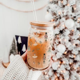 Festive holiday tumbler - whimsical Nutcracker ballet design on glass cup
Nutcracker ballet Christmas cup - pastel tumbler with bamboo lid and straw