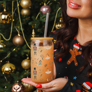 17oz Christmas coffee tumbler glass - Pastel nutcracker ballerina holiday kitchen gifts bamboo lid straw - Soft design