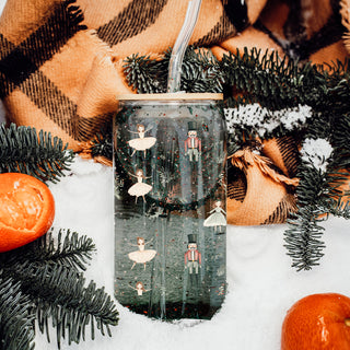 Wholesale Ballet Christmas glass tumbler 17oz bamboo lid - Nutcracker ballerina pastel holiday coffee cup glass straw - Dance drinkware