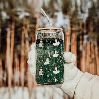 Bulk 17oz ballet holiday glass tumbler eco-friendly - Christmas nutcracker ballerina coffee cup bamboo lid - Pastel kitchen decor