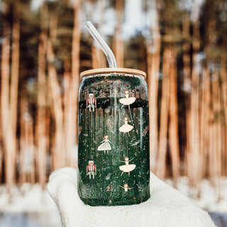 Christmas ballet glass cup 17oz glass straw - Nutcracker ballerina pastel holiday tumbler bamboo lid - Dance festive gift
