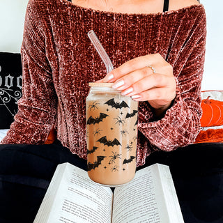 bat pattern drinking glass
halloween coffee tumbler
spooky season drink set