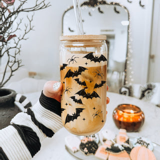 spooky pattern drink cup
bat lover tumbler gift
halloween present glass
creepy crawler collection