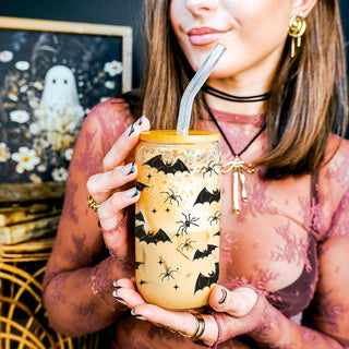 gothic home decor glass
spooky season drinkware
bat coffee lover gift
halloween entertaining set
spider pattern tumbler