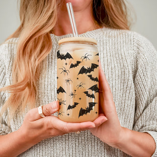 bat spider celebration cup
halloween gathering gift
spooky occasion tumbler
bat pattern party favor
halloween gift bundle set