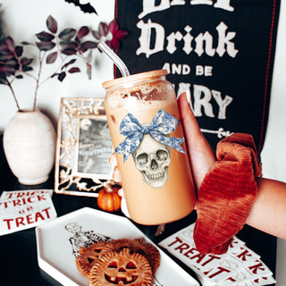 blue pattern coffee tumbler
sophisticated halloween decor
luxury skull drinking set
chinoiserie autumn glass