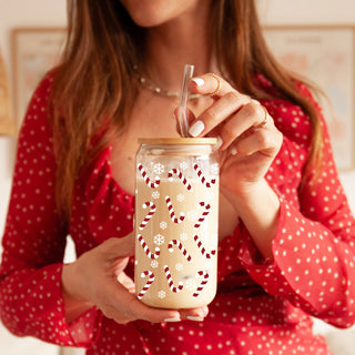 Christmas kitchen decor drinkware - candy cane and snowflake tumbler cup
Eco-friendly Christmas tumbler - 17oz glass cup with bamboo lid and straw