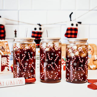 Bulk Christmas kitchen gift - candy cane and snowflake glass coffee cup with straw
Holiday glass tumbler cup with bamboo lid and glass straw - festive design
