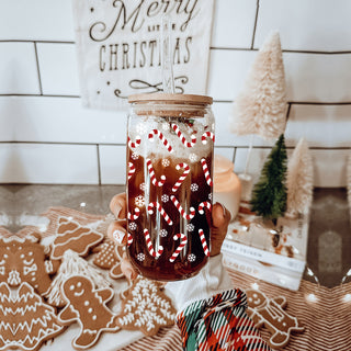 Holiday drinkware glass cup 17oz - Christmas coffee tumbler bamboo lid - Candy cane snowflake kitchen gift
Christmas glass drinkware 17oz - Holiday coffee cup with glass straw - Festive kitchen gifts bamboo lid