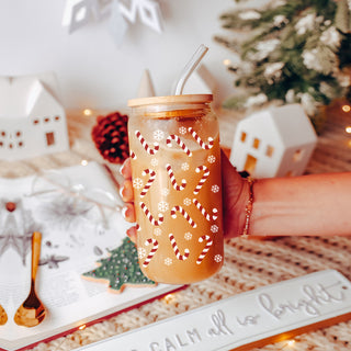 Holiday beverage accessory – candy cane and snowflake glass cup for drinks
17oz glass holiday tumbler – unique Christmas coffee cup gift