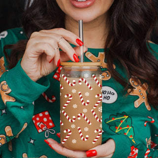 Christmas coffee cup 17oz glass straw - Holiday tumbler bamboo lid - Sustainable festive kitchen gifts
Candy cane and snowflake Christmas cup – unique holiday coffee cup gift