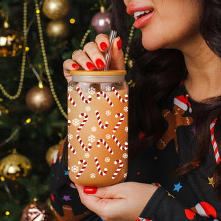 Christmas hostess gifts glass tumbler 17oz - Holiday coffee cup bamboo lid - Candy cane snowflake drinkware
17oz Christmas coffee tumbler glass - Holiday kitchen gifts with bamboo lid straw - Festive candy cane design