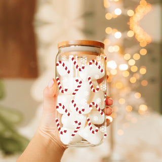 Holiday glass tumbler for hot or cold drinks - festive Christmas candy cane design
Christmas kitchen gift - reusable glass tumbler with bamboo lid and glass straw