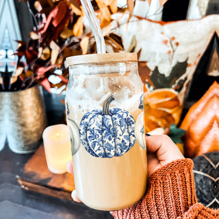 chinoiserie coffee station
fall home decor tumbler
blue white autumn glass
sophisticated fall set