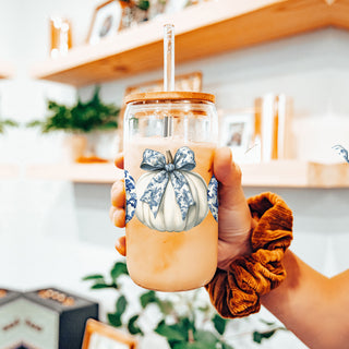 designer fall tumbler collection
chinoiserie pattern drink set
elegant autumn glass tumbler
blue white pumpkin drinkware