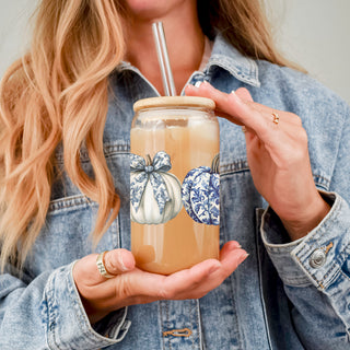 Wholesale elegant fall drink vessel
designer autumn collection
blue pattern coffee tumbler
sophisticated pumpkin decor bulk