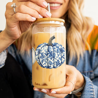 white pumpkin coffee station
elegant autumn decor glass
designer fall gift set
blue white pumpkin tumbler
