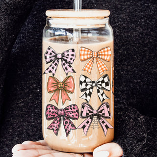 Gingham pattern glass cup
Aesthetic mason jar with bows
Girly fall drinking tumbler
Bow pattern glass container
