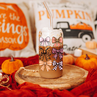 Fall cottage core drinking container
Autumn romantic style tumbler
Pink fall aesthetic glass cup
Orange autumn bow drinkware