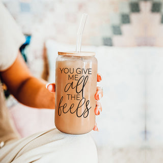 Bulk 20oz glass cup with bamboo lid, You Give Me All the Feels.
Funny Valentine's Day gift, You Give Me All the Feels glass cup.
Valentine's Day gift, 20oz glass cup with bamboo lid, You Give Me All the Feels wholesale