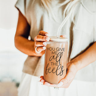 Wholesale 20oz You Give Me All the Feels glass cup with bamboo lid, Galentine’s gift.
Valentine’s Day gift, 20oz bamboo lid glass cup, You Give Me All the Feels.
You Give Me All the Feels 20oz glass cup, bamboo lid, funny V-Day gift.